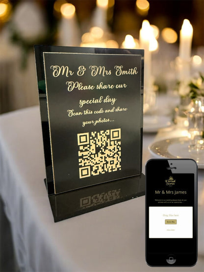 Personalised Wedding Day Shoot and Share, Table QR Stands with engraved text, Satin Black, square