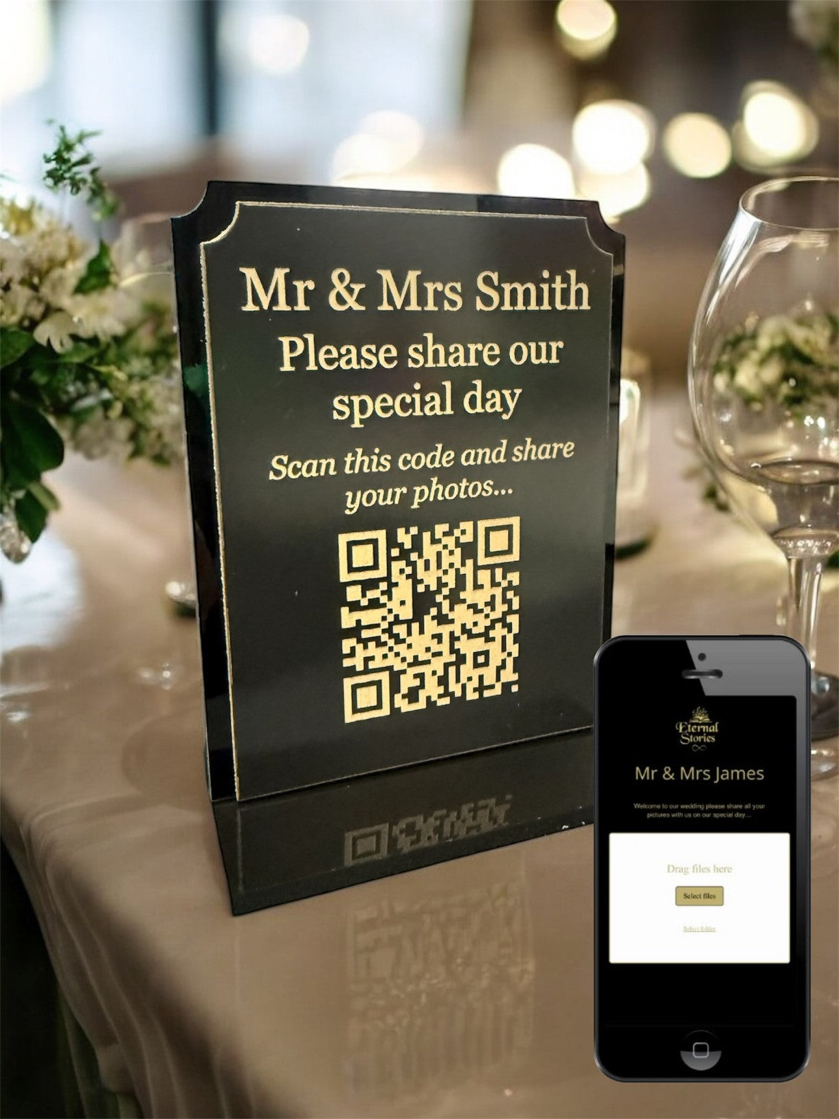 Personalised Wedding Day Shoot and Share, Table QR Stands with engraved text, Satin Black, Inverse