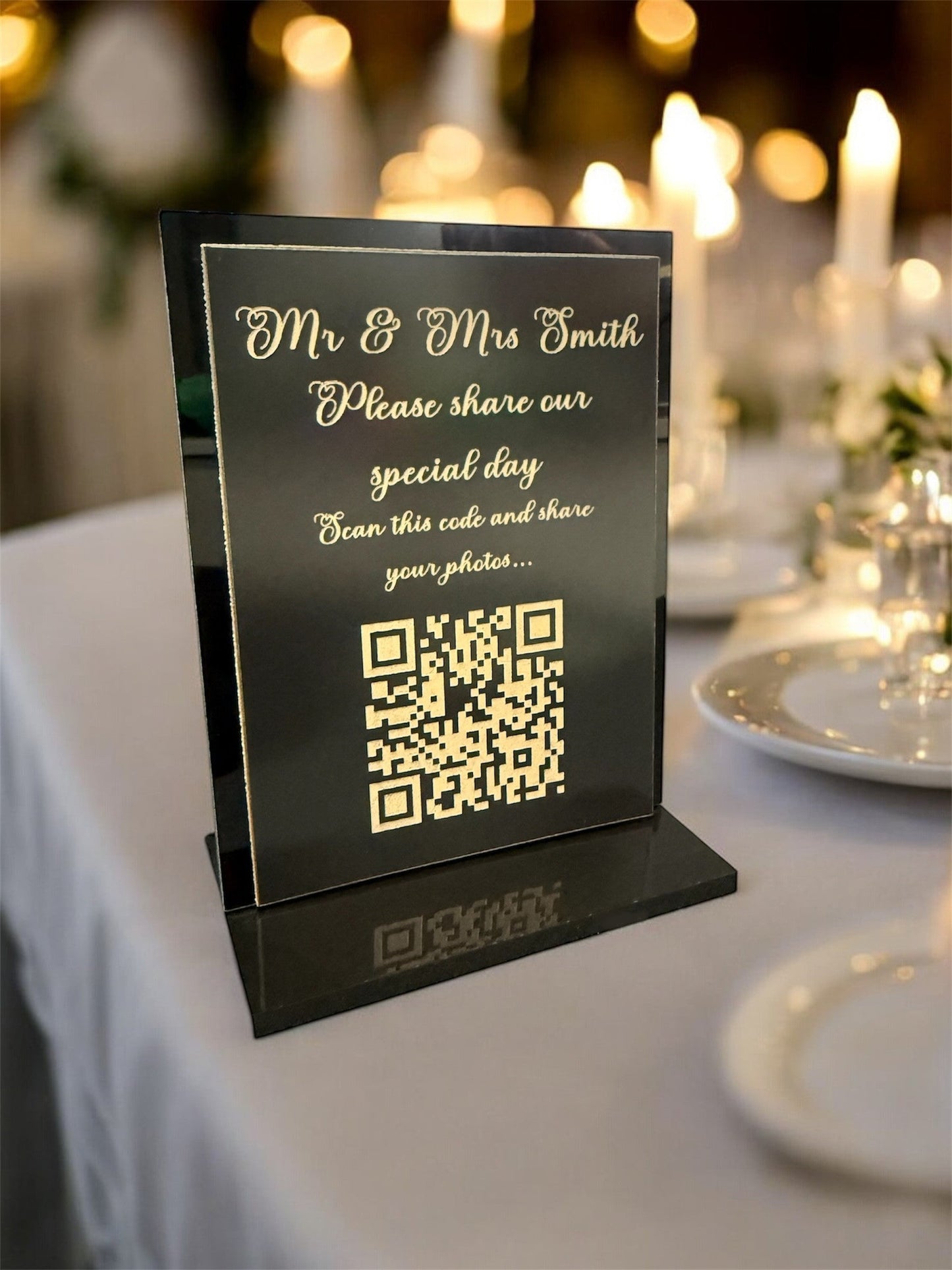Personalised Wedding Day Shoot and Share, Table QR Stands with engraved text, Satin Black, square