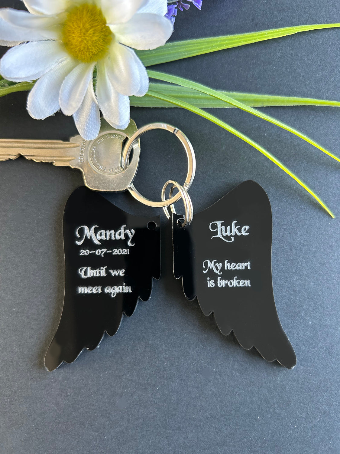 Memorial Angel Wings Black Gloss Acrylic Personalised Keyring