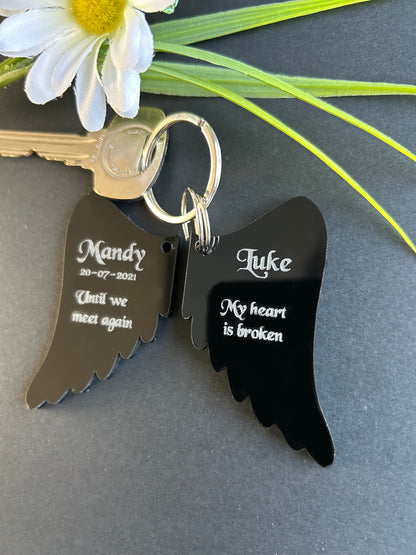 Memorial Angel Wings Black Gloss Acrylic Personalised Keyring