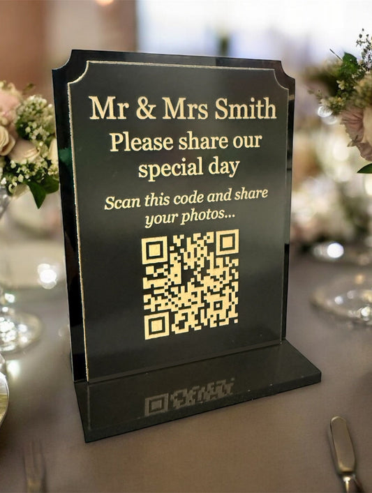 Personalised Wedding Day Shoot and Share, Table QR Stands with engraved text, Satin Black, Inverse