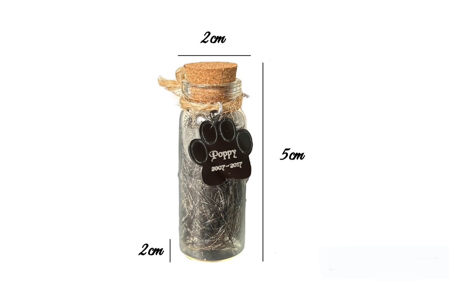 KC Laser Crafts Personalised Pet Cat Hair Memorial glass bottle, Glass vial for hair fur or Ashes, with Black Acrylic