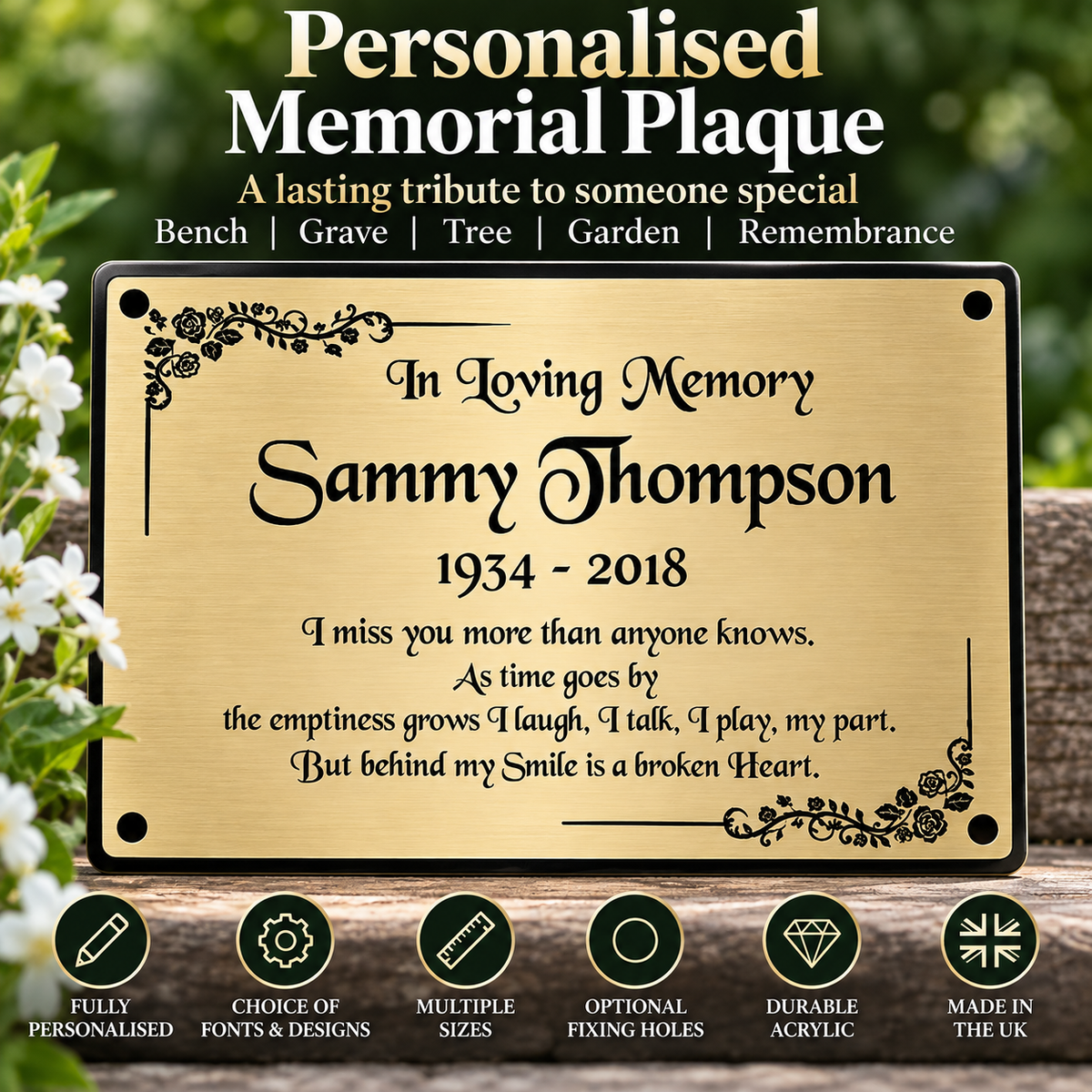 Personalised 6x4 Memorial Plaque – Engraved Bench, Grave & Tree Plaque