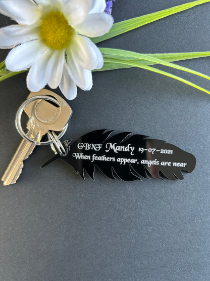 Memorial Feather Black Gloss Acrylic Personalised Keyring