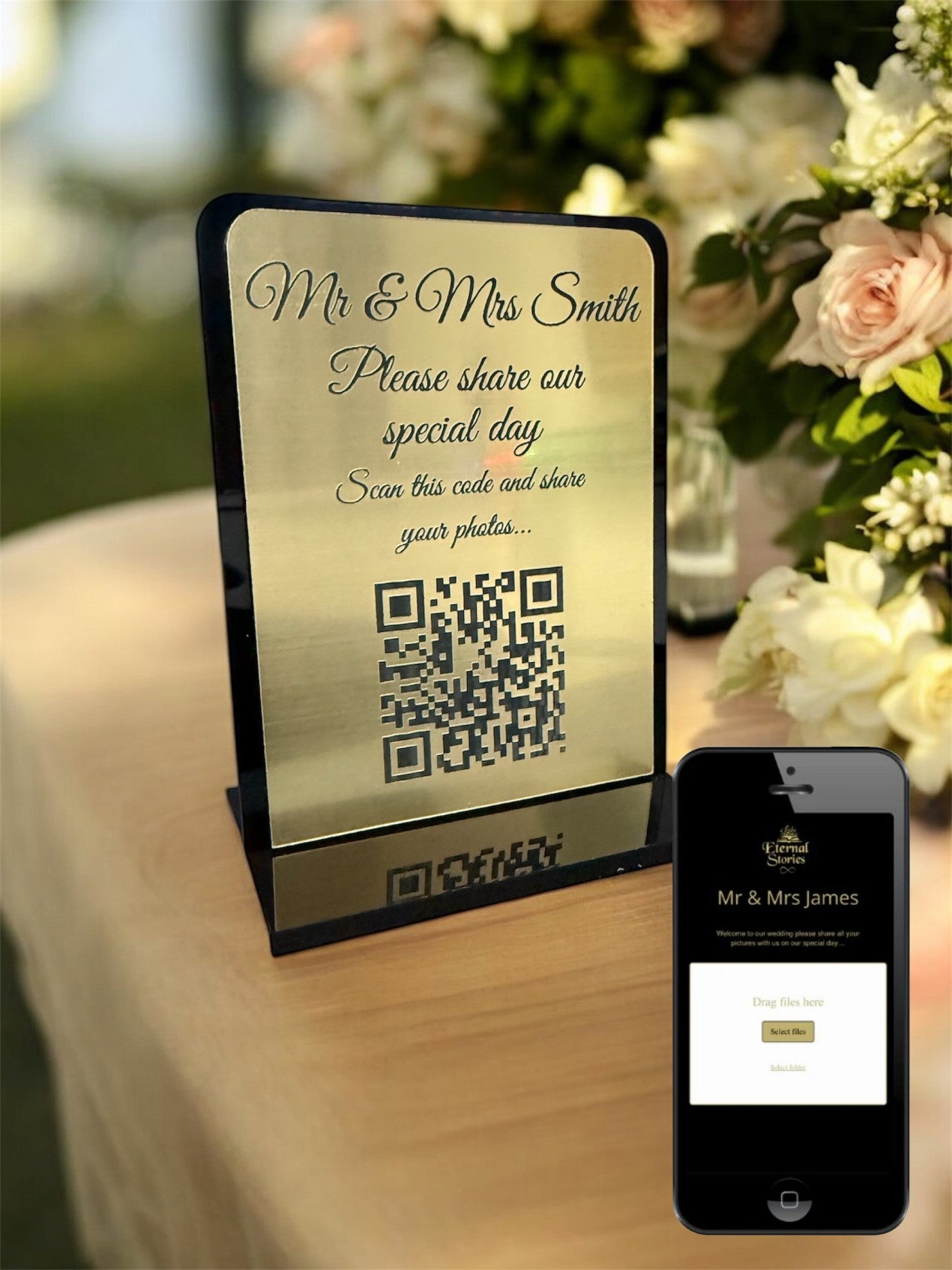 Personalised Wedding Day Shoot and Share, Table QR Stands with engraved text, gold, rounded