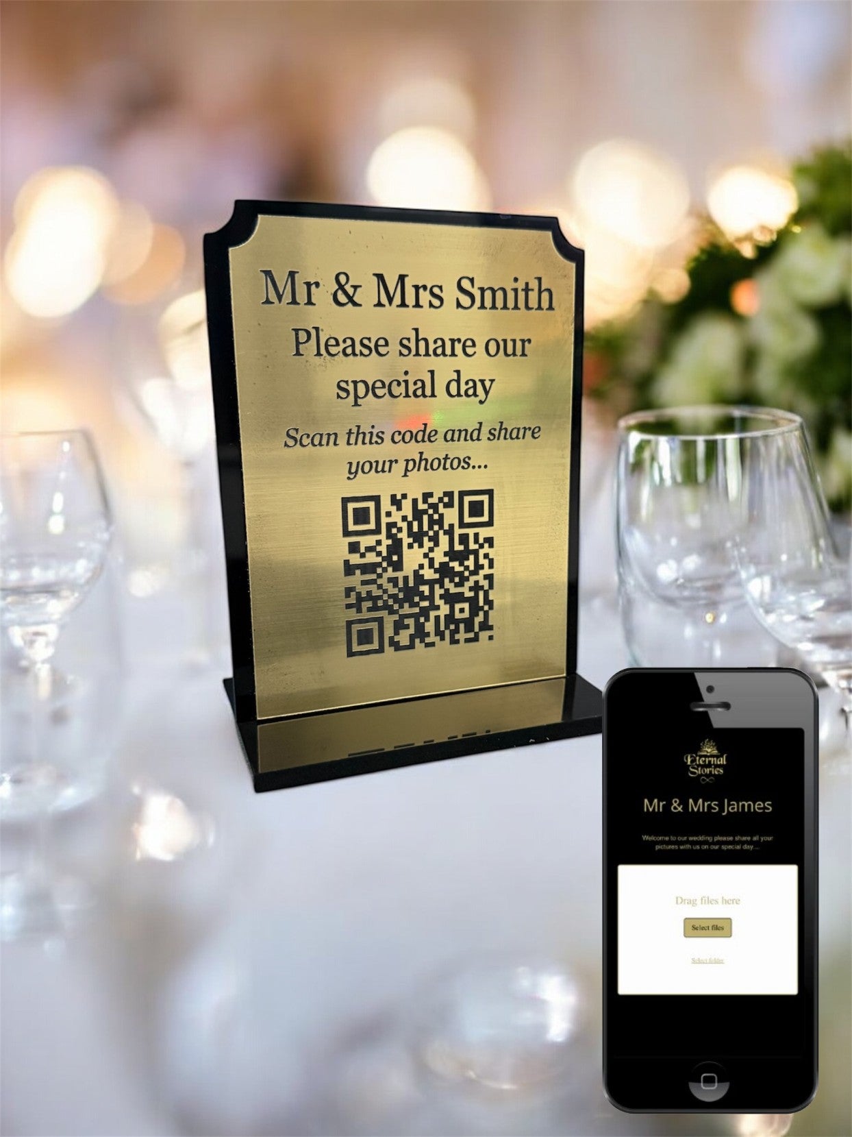 Personalised Wedding Day Shoot and Share, Table QR Stands with engraved text, gold, rounded