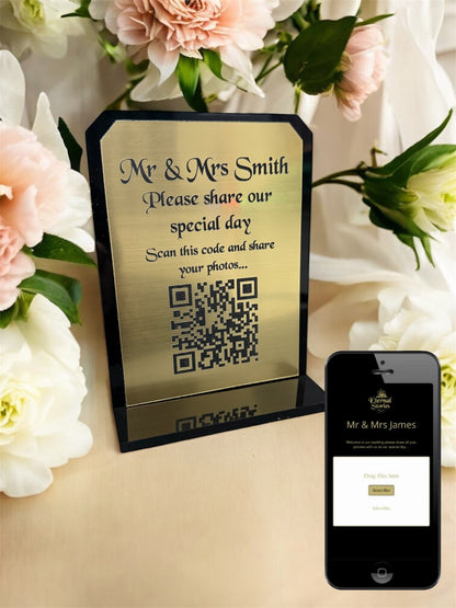 Personalised Wedding Day Shoot and Share, Table QR Stands with engraved text, gold, chamfer