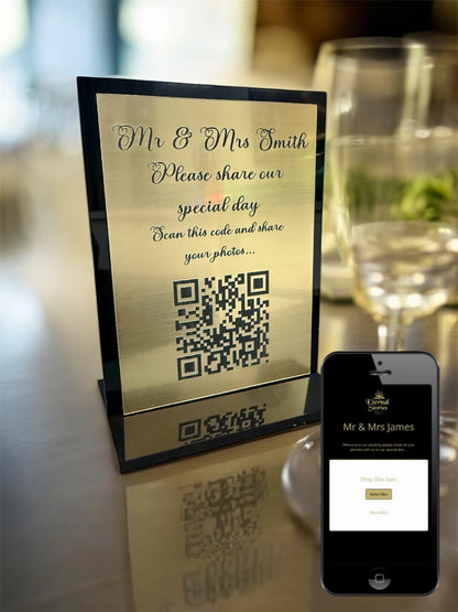 Personalised Wedding Day Shoot and Share, Table QR Stands with engraved text, gold, chamfer