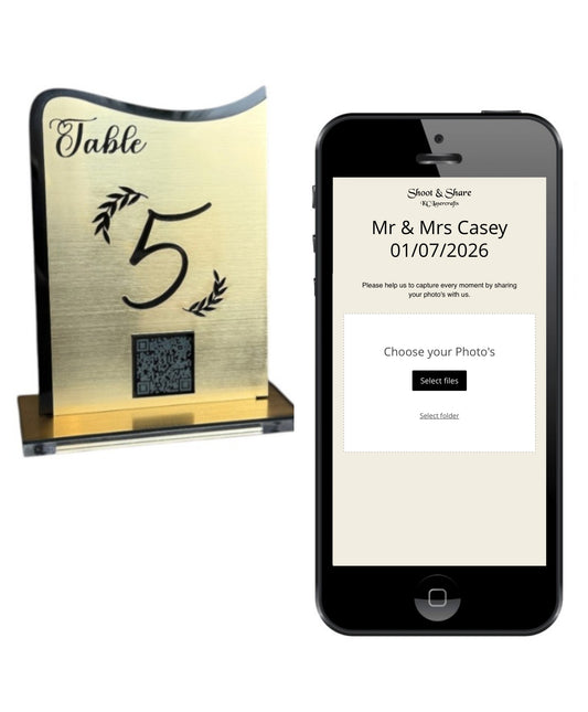 Personalised Wedding Table Sign & QR Stands with engraved text, gold
