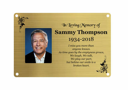 Memorial Photo Plaque, 6x4 Engraved Bench Plaques, Engraved Tree Sign, Gold, Weatherproof, Grave