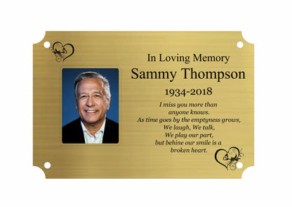 Memorial Photo Plaque, 6x4 Engraved Bench Plaques, Engraved Tree Sign, Gold, Weatherproof, Grave