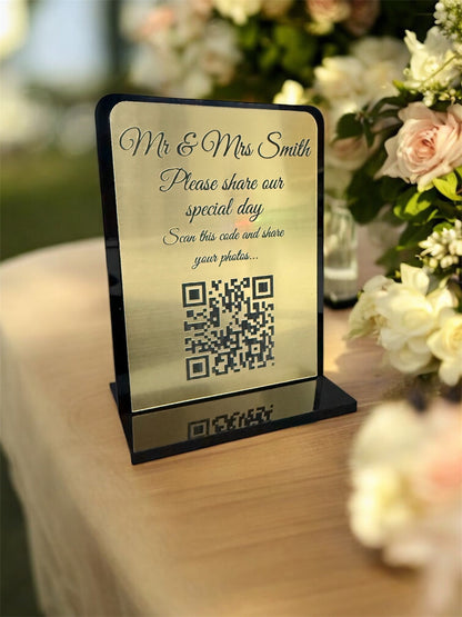 Personalised Wedding Day Shoot and Share, Table QR Stands with engraved text, gold, rounded