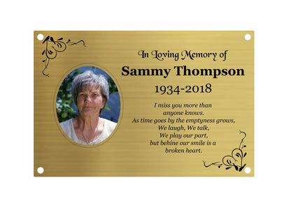 Memorial Photo Plaque, 6x4 Engraved Bench Plaques, Engraved Tree Sign, Gold, Weatherproof, Grave