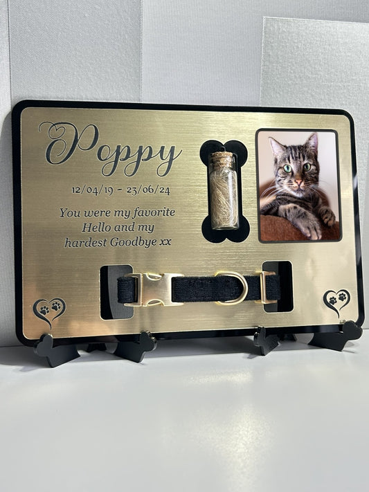 Pet Memorial Plaque, Pet fur Keepsake, Cat Memorial Collar Frame With Photo Gold