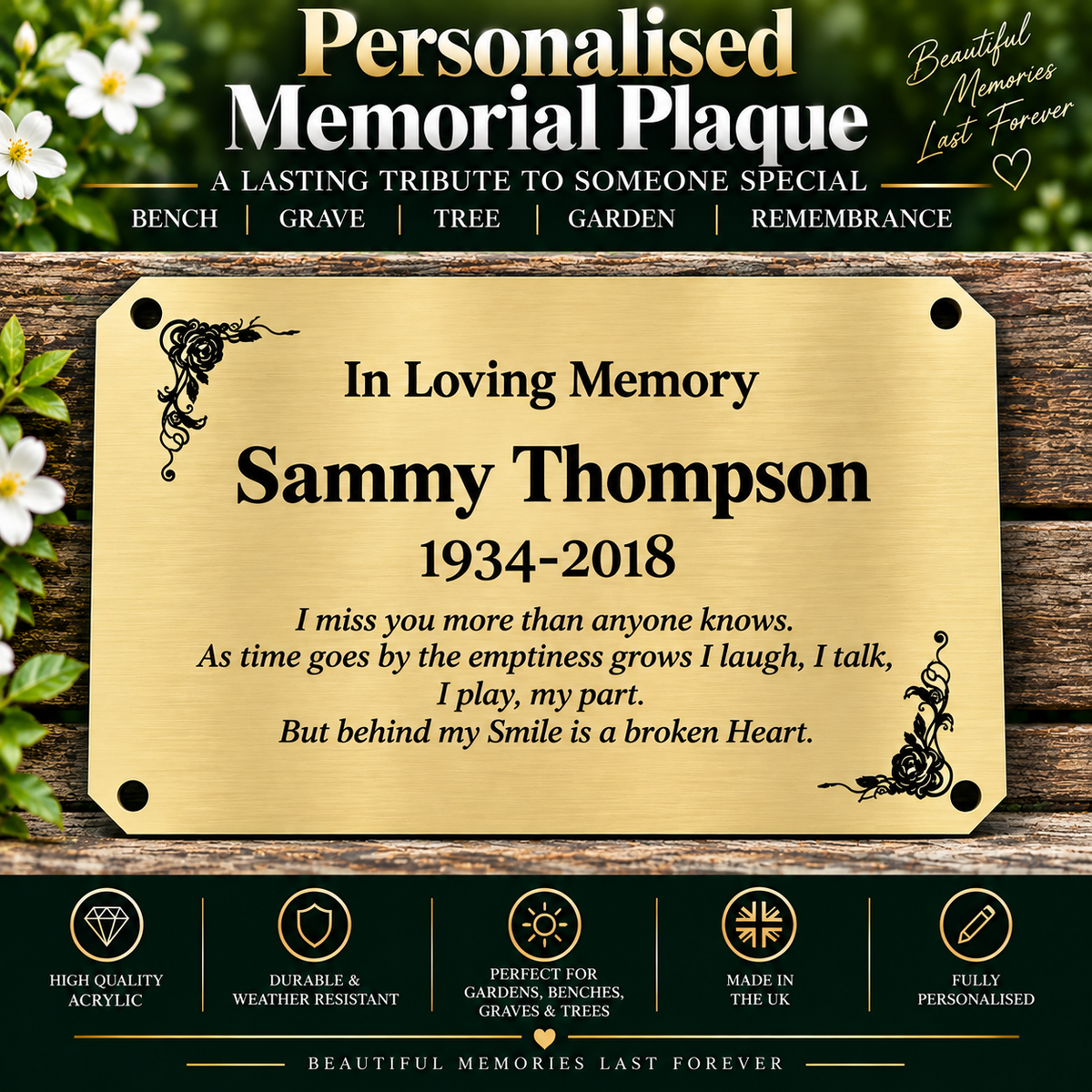 Personalised Memorial Plaque, 6x4 Engraved Bench Plaques, Engraved Tree Sign, Gold, Weatherproof, Grave, Square
