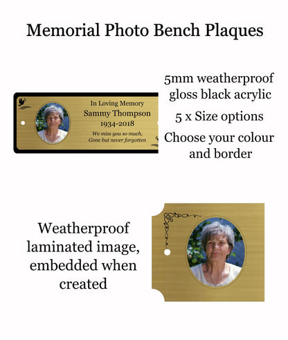 Memorial Photo Plaque, Engraved Bench Plaques, Engraved Tree Sign, Gold, Weatherproof, Grave