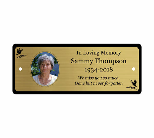 Memorial Photo Plaque, Engraved Bench Plaques, Engraved Tree Sign, Gold, Weatherproof, Grave