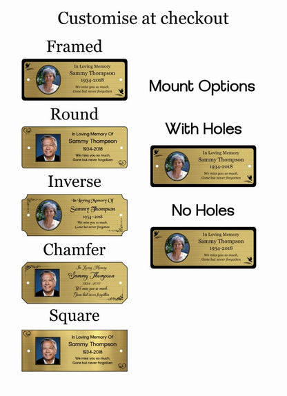 Memorial Photo Plaque, Engraved Bench Plaques, Engraved Tree Sign, Gold, Weatherproof, Grave