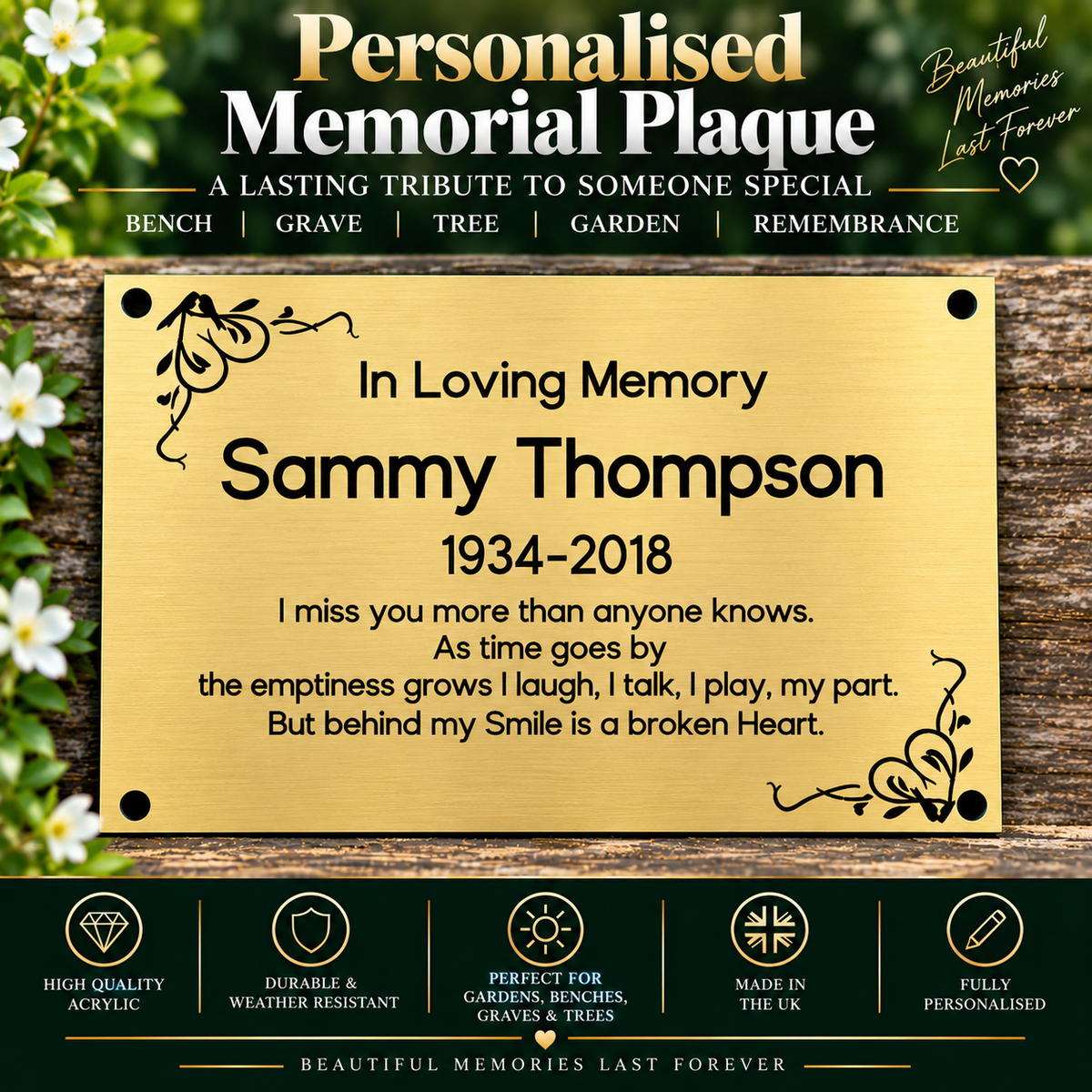 Personalised Memorial Plaque, 6x4 Engraved Bench Plaques, Engraved Tree Sign, Gold, Weatherproof, Grave, Rounded