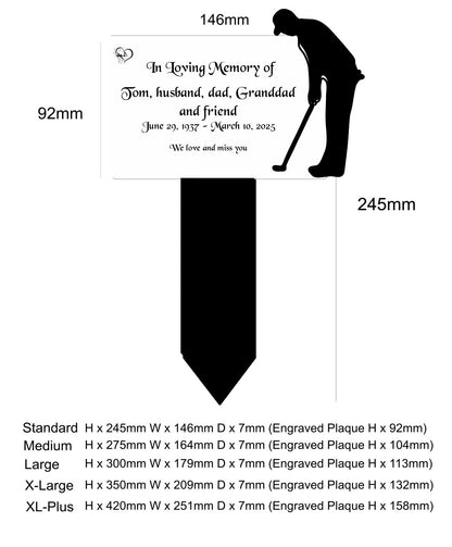 Memorial plaque with dimensions and text for a golfer, including a silhouette of a golfer.