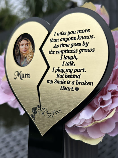 Personalised Memorial Plaque, Heart Plaque with Photo Outdoors Plaques, Remembrance Sign, marker, Dad, Father, Mum, Pets Gold