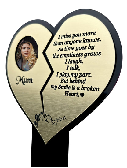 Personalised Memorial Plaque, Heart Plaque with Photo Outdoors Plaques, Remembrance Sign, marker, Dad, Father, Mum, Pets Gold