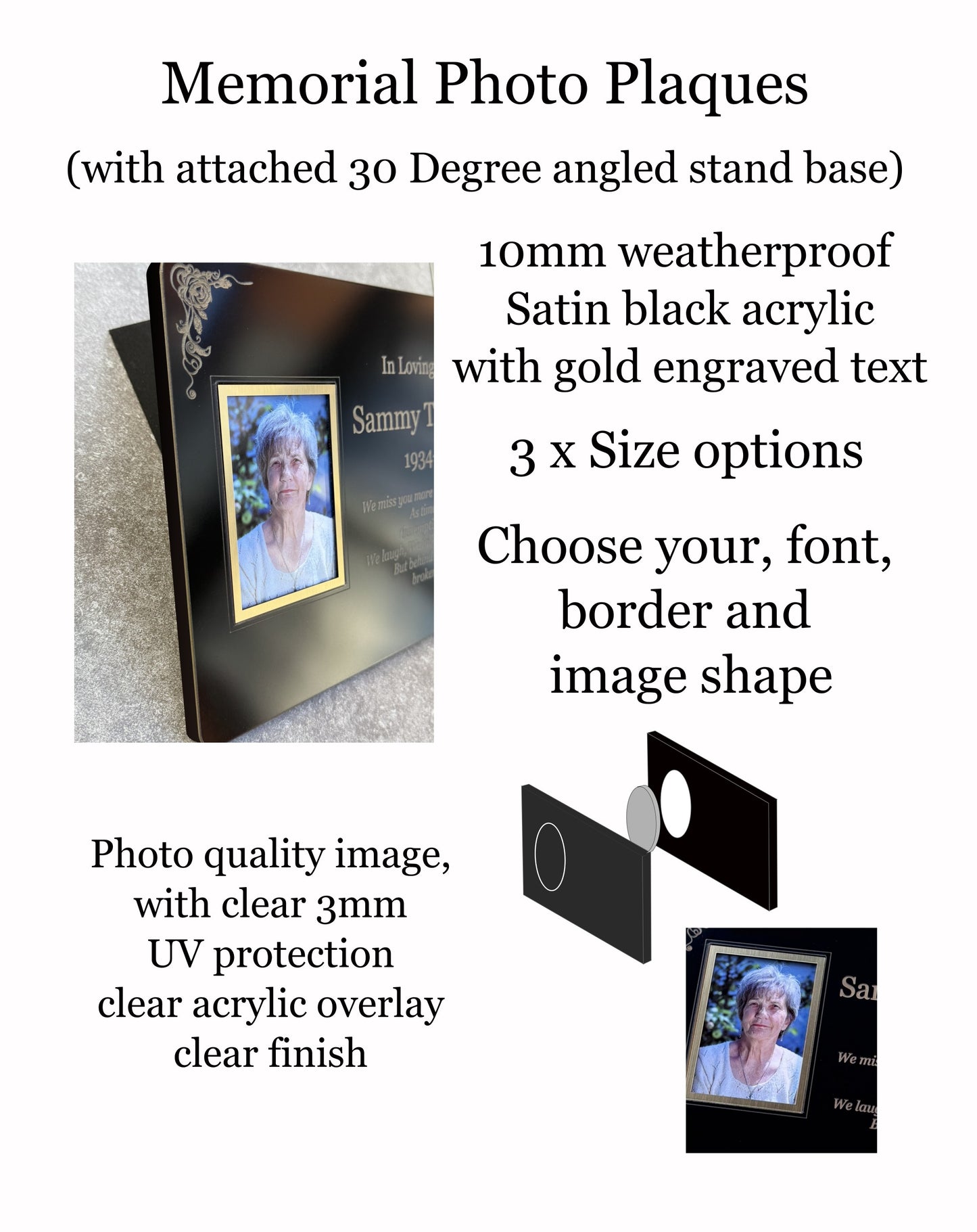 Personalised Memorial Photo Plaque, 29x21cm Engraved Grave Marker, with Gold Wording, Satin Black, with base stand