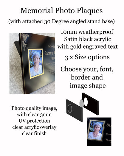 Personalised Memorial Photo Plaque, 29x21cm Engraved Grave Marker, with Gold Wording, Satin Black, with base stand