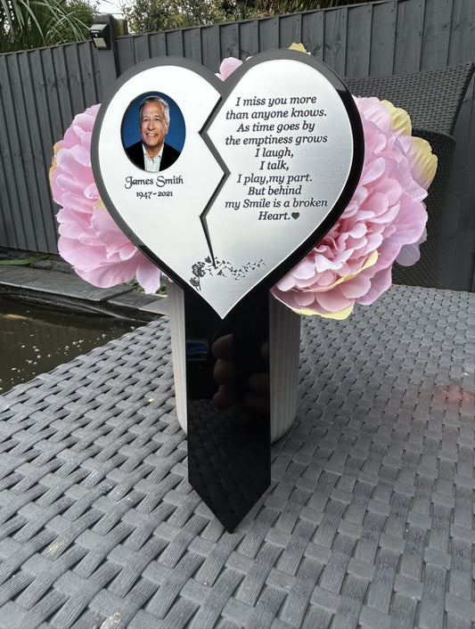 Personalised Memorial Plaque, Heart Plaque with Photo Outdoors Plaques, Remembrance Sign, marker, Dad, Father, Mum, Pets Silver