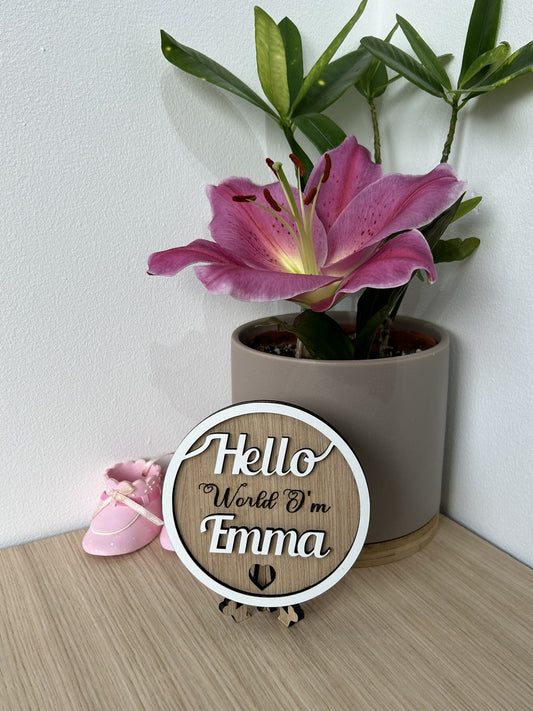 KC Laser Crafts Personalised Baby Announcement Plaque sign Hello Welcome to the world Baby Shower my name is, Social photo prop, framed hello circle