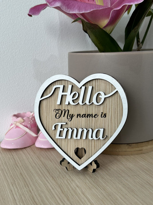 KC Laser Crafts Personalised Baby Announcement Plaque sign Hello Welcome to the world Baby Shower my name is, Social photo prop, framed hearts