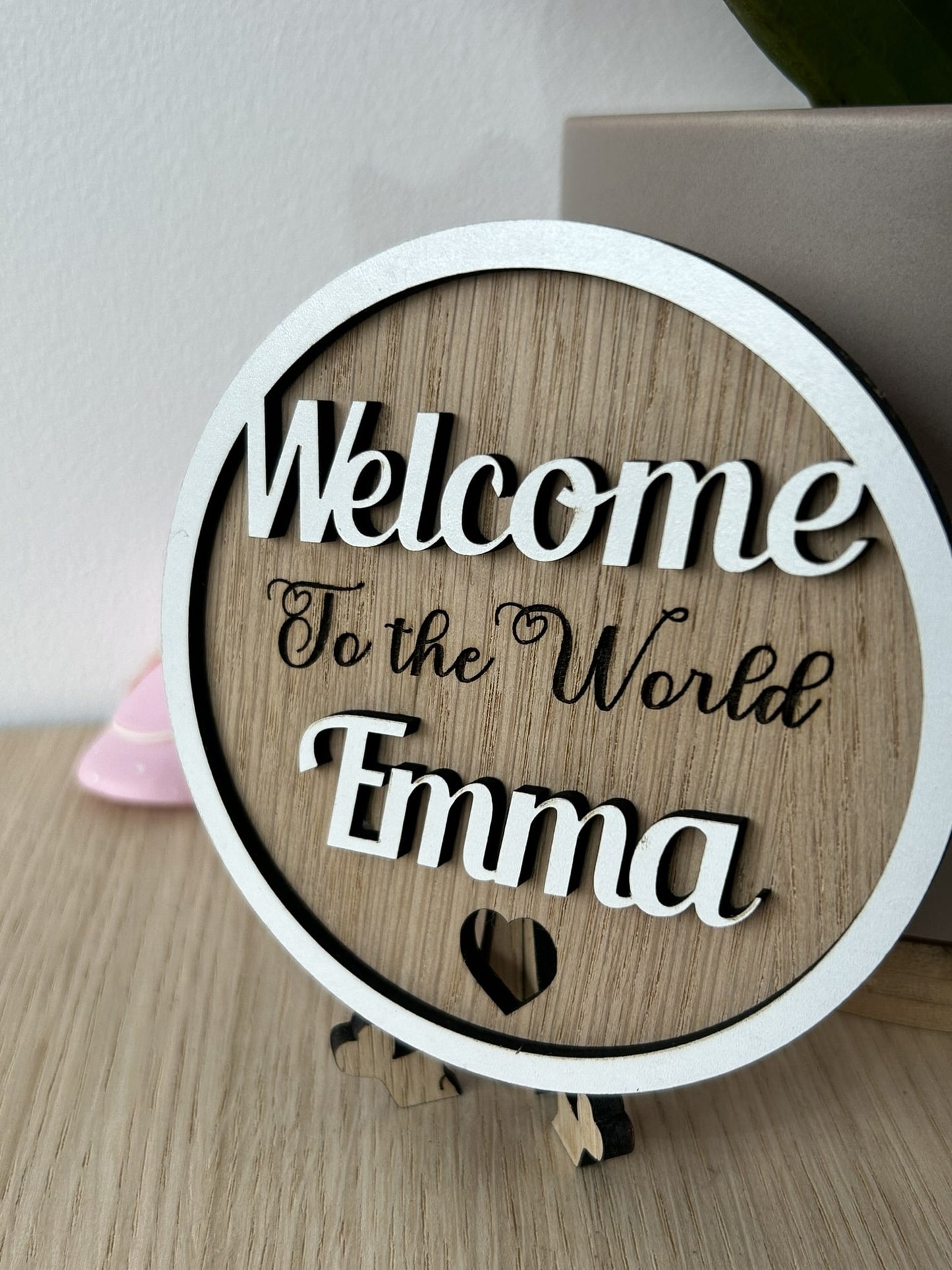 Personalised Baby Announcement Plaque sign Hello Welcome to the world Baby Shower my name is, Social photo prop, framed circle