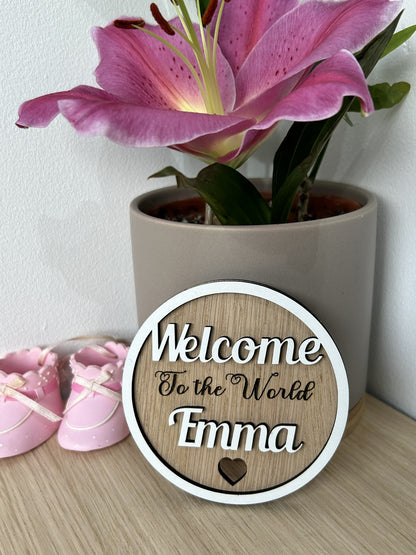 Personalised Baby Announcement Plaque sign Hello Welcome to the world Baby Shower my name is, Social photo prop, framed circle