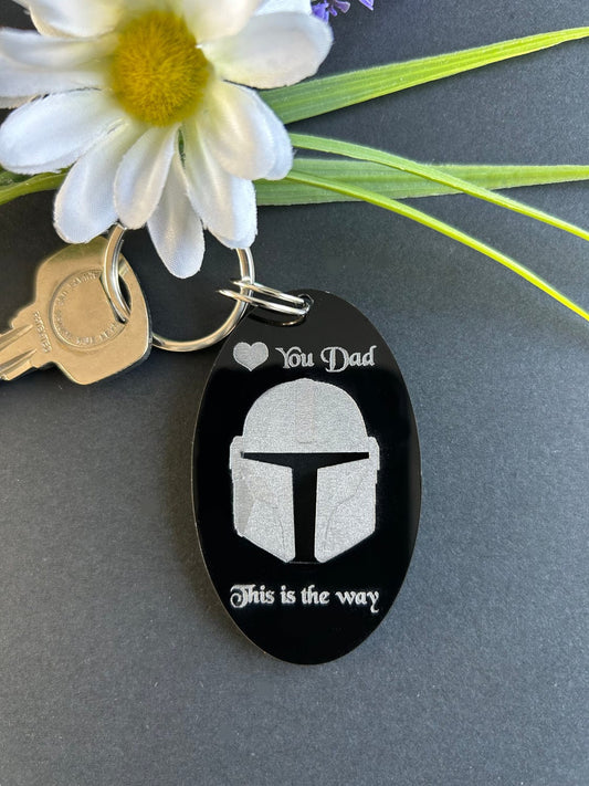 Fathers Day Mandalorian Helmet Black Gloss Acrylic Keyring