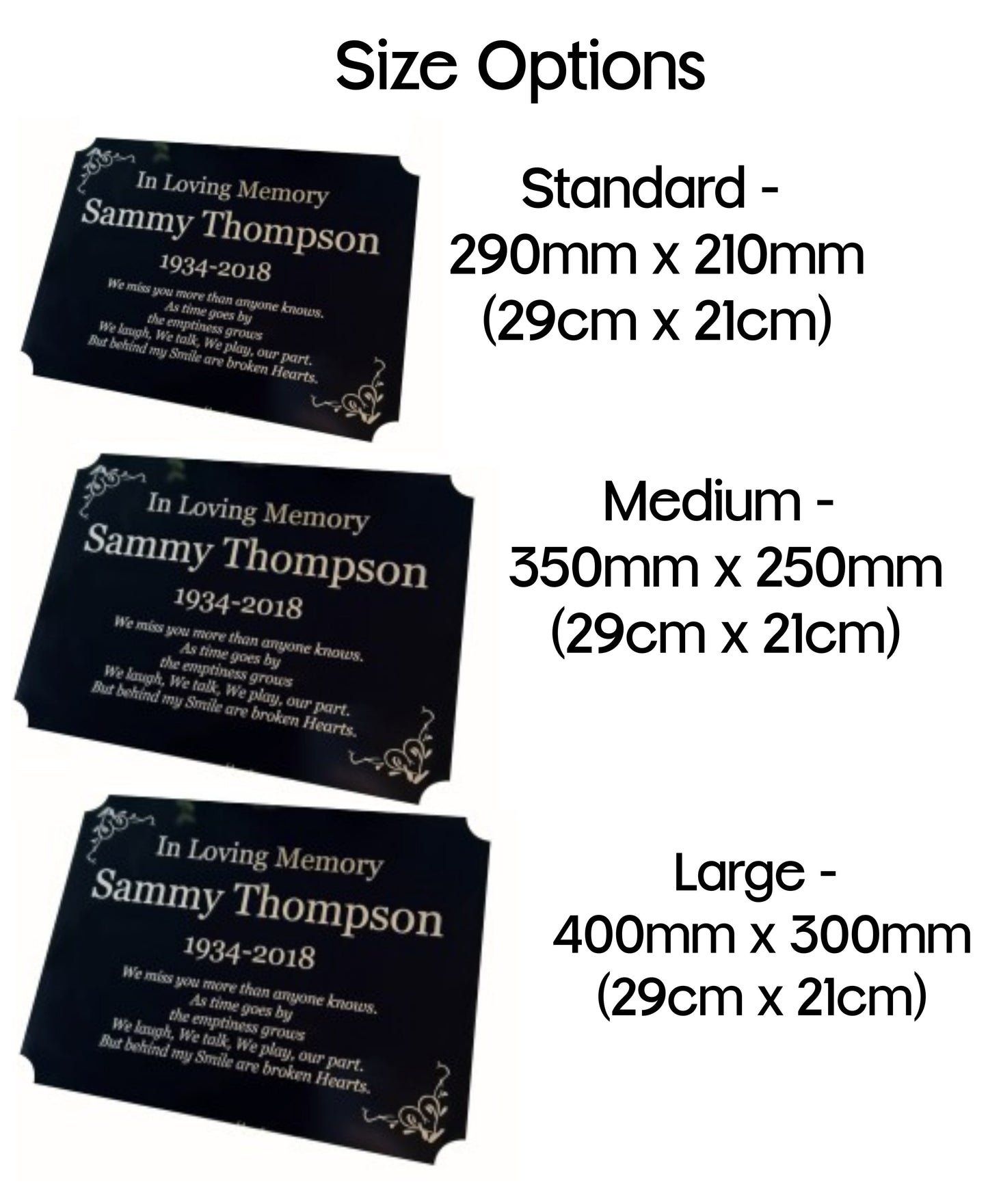 Personalised Memorial Plaque, 29x21cm Engraved Grave Marker, with Gold Wording, Satin Black, with base stand