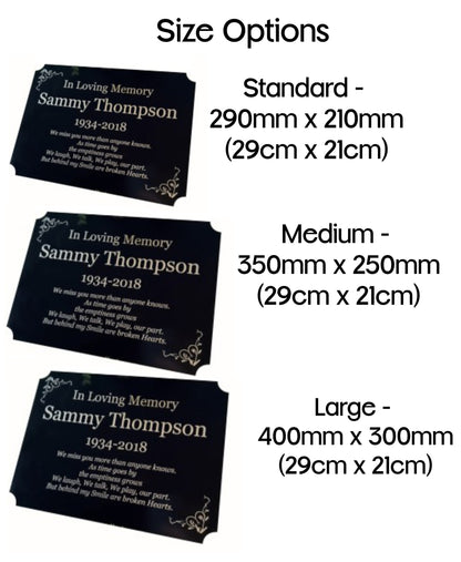 Personalised Memorial Plaque, 29x21cm Engraved Grave Marker, with Gold Wording, Satin Black, with base stand