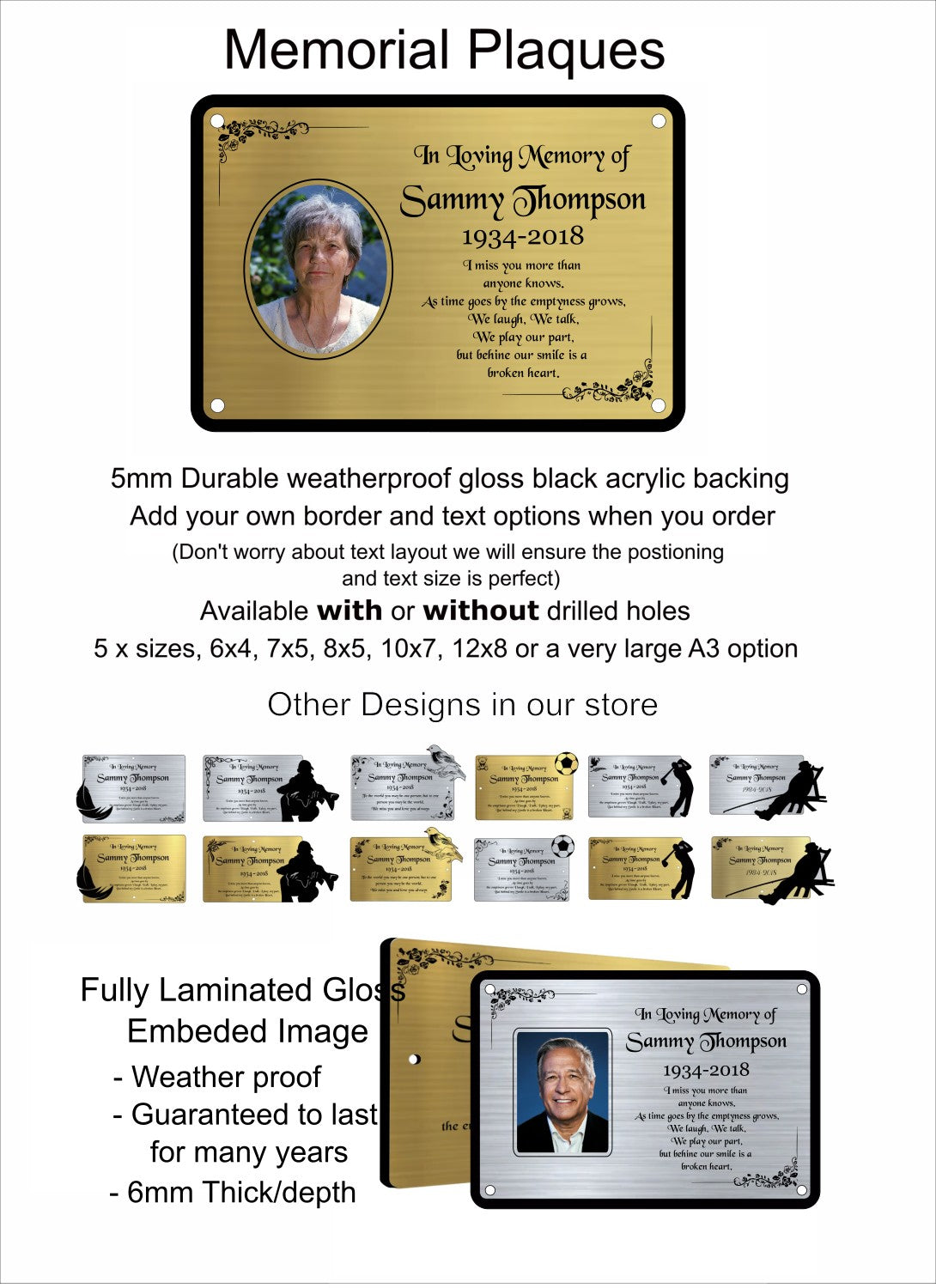 Memorial plaques with customizable text and images on a white background
