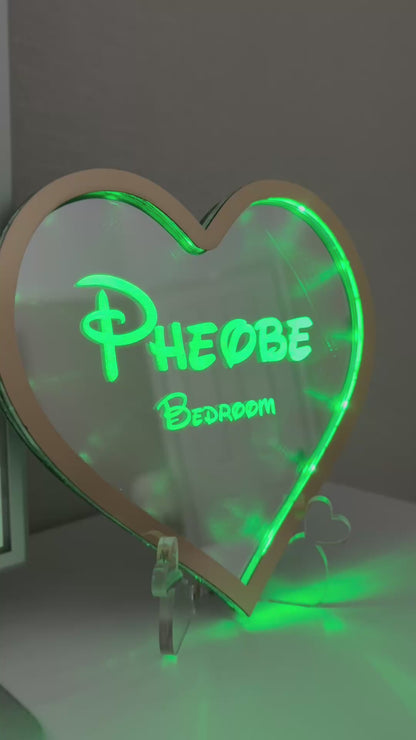 Personalised LED Mirror, Heart Shape, Kids Bedroom Sign, Plaque, Wedding, Office, Perfect Gift