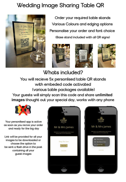 Personalised Wedding Day Shoot and Share, Table QR Stands with engraved text, Satin Black, rounded