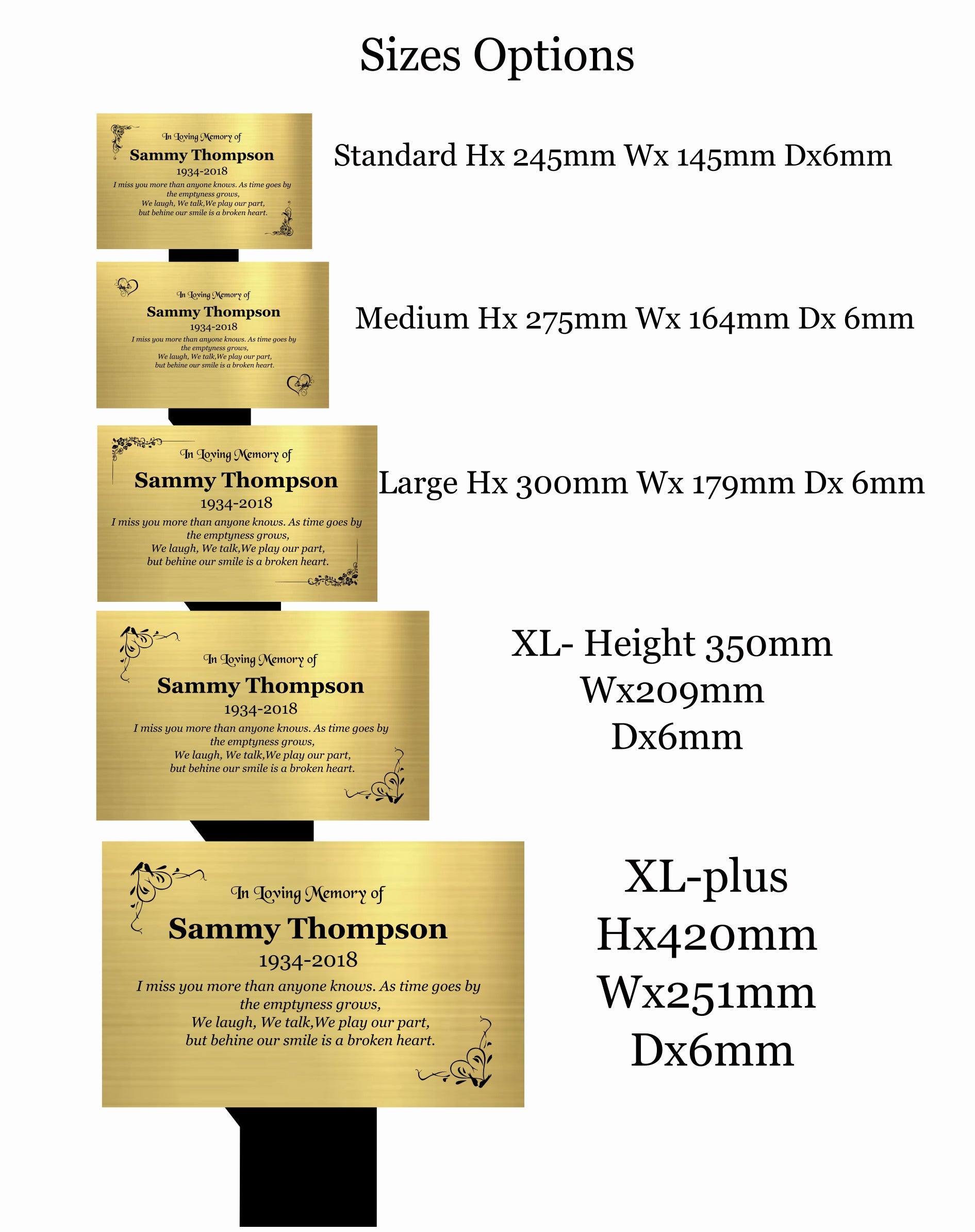 Gold memorial plaque with engraved text and size options on a white background