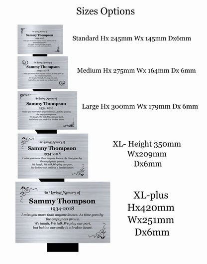 Size options chart for memorials with dimensions listed