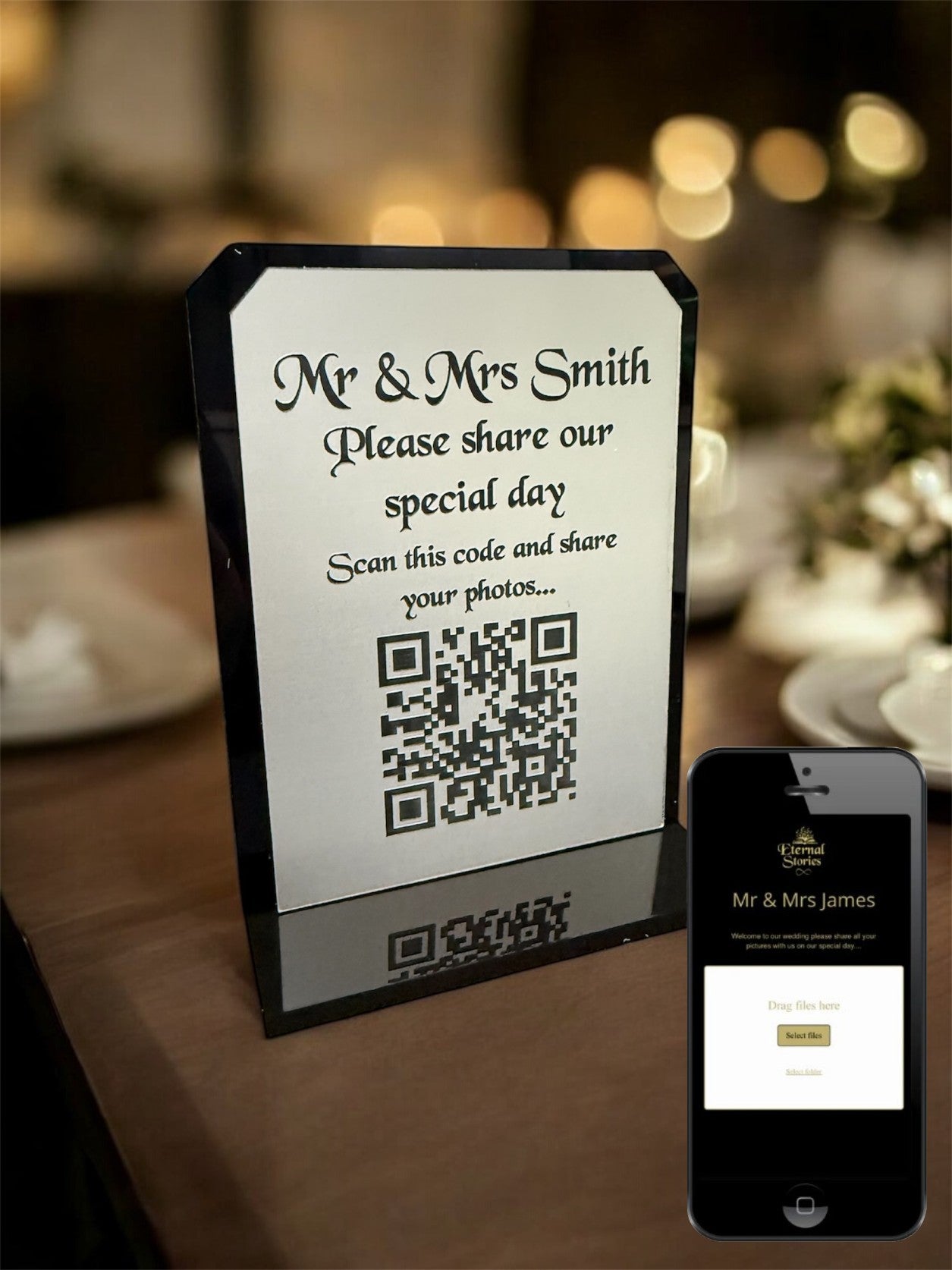 Personalised Wedding Day Shoot and Share, Table QR Stands with engraved text, silver, chamfer