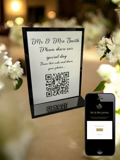 Personalised Wedding Day Shoot and Share, Table QR Stands with engraved text, silver, chamfer