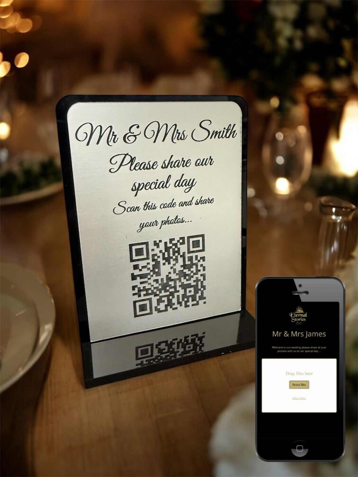 Personalised Wedding Day Shoot and Share, Table QR Stands with engraved text, silver, rounded