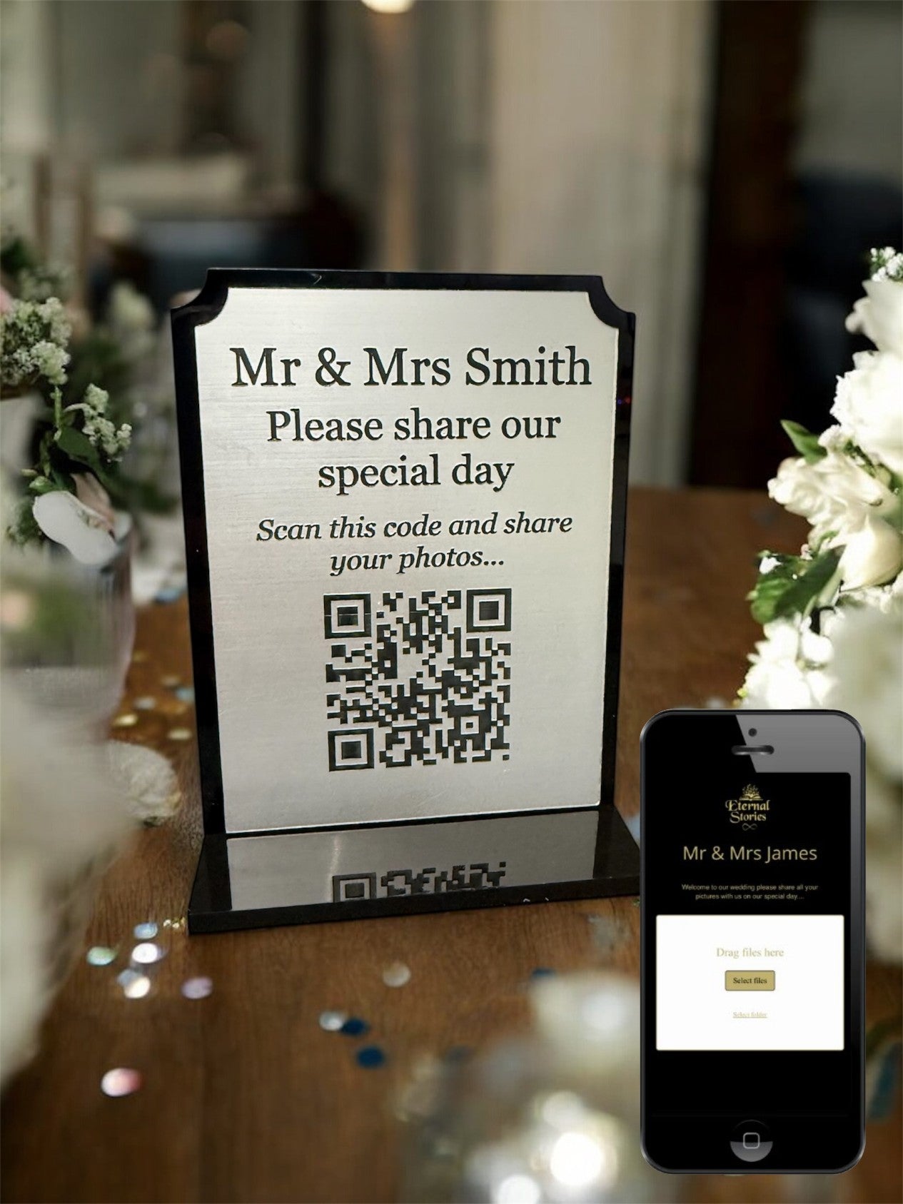 Personalised Wedding Day Shoot and Share, Table QR Stands with engraved text, silver, rounded