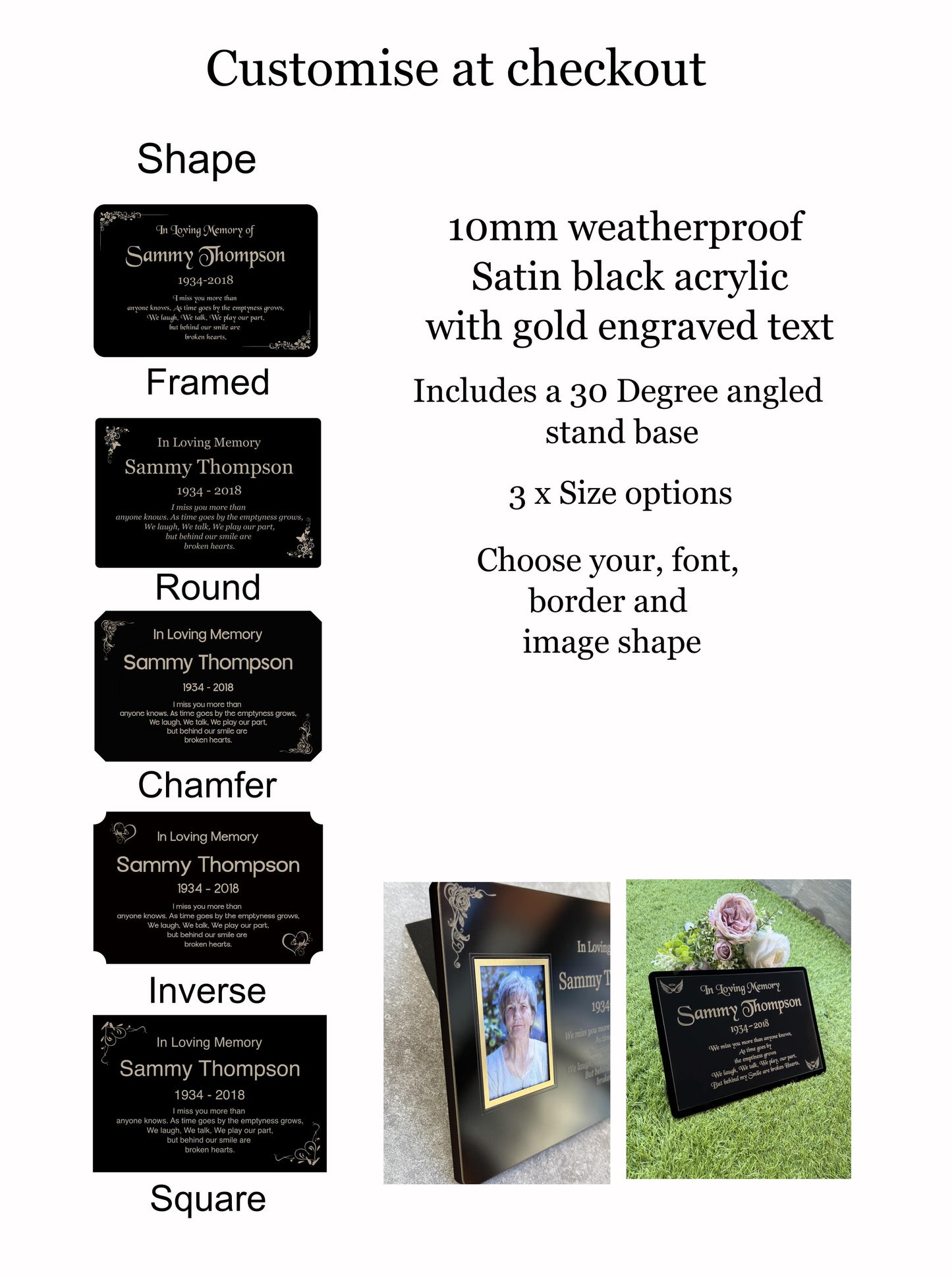 Personalised Memorial Plaque, 29x21cm Engraved Grave Marker, with Gold Wording, Satin Black, with base stand
