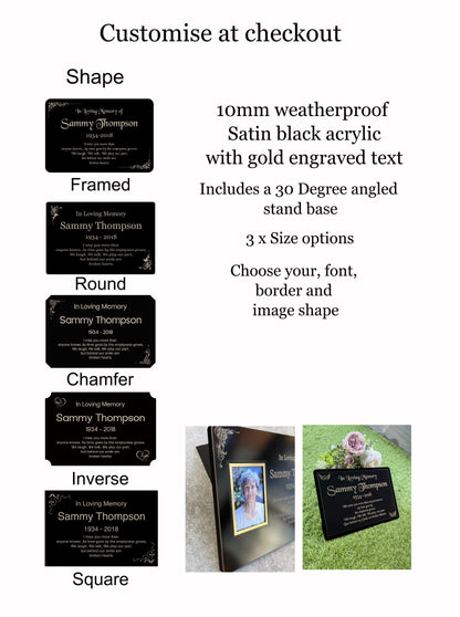 Personalised Memorial Plaque, 29x21cm Engraved Grave Marker, with Gold Wording, Satin Black, with base stand