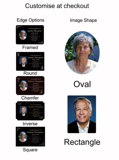 Personalised Memorial Photo Plaque, 29x21cm Engraved Grave Marker, with Gold Wording, Satin Black, with base stand