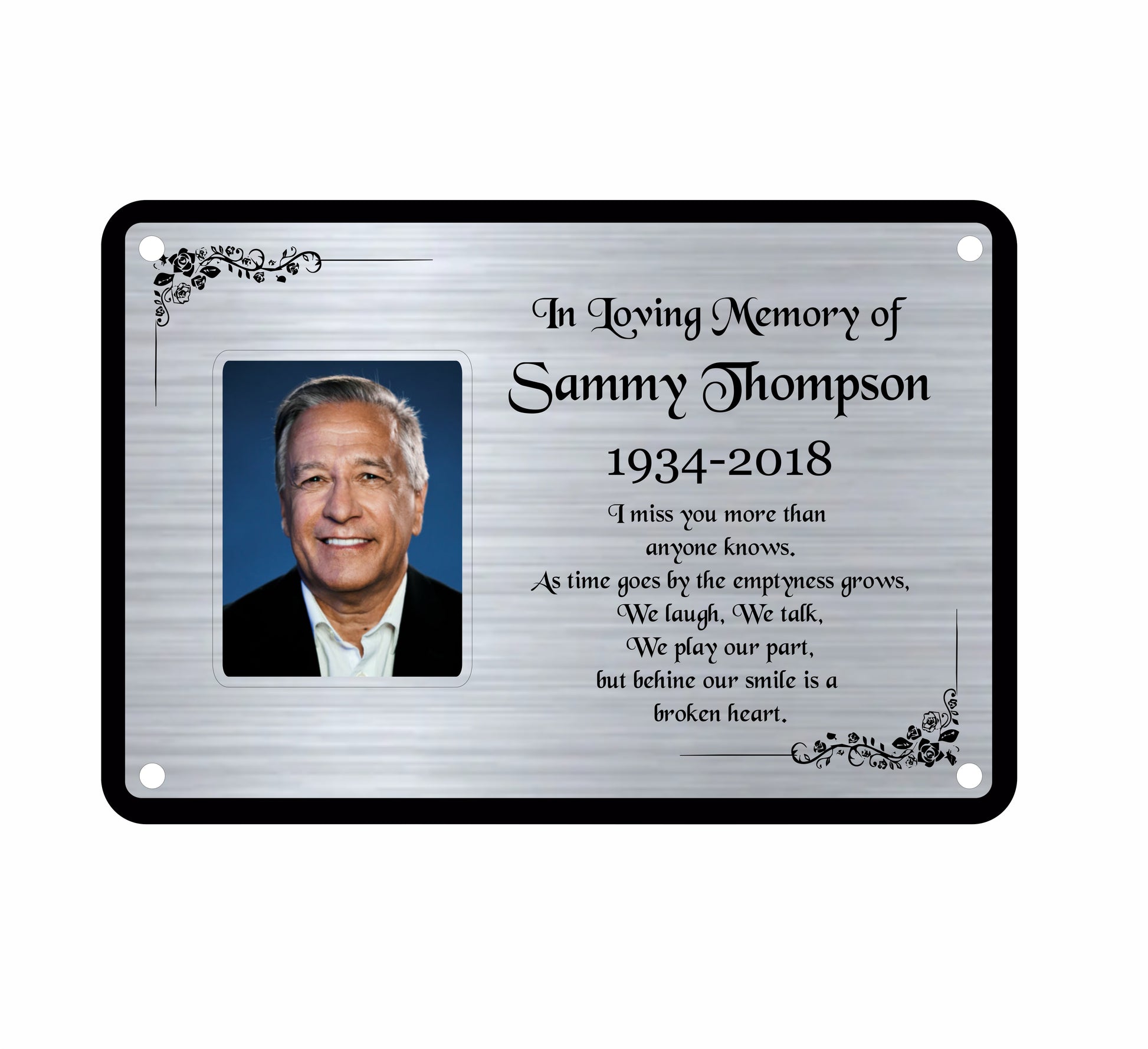Memorial Bench plaque for Sammy Thompson with a photo and text on a white background
